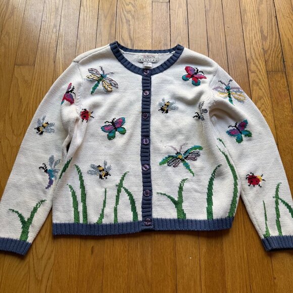 Vintage Talbots Size PS White Cotton Silk Blend Butterfly Ladybug Knit Cardigan - Picture 4 of 16